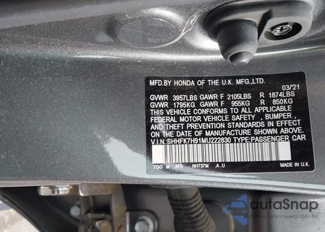 2021 Honda Civic Sport Touring z USA, uszkodzony, nr VIN SHHFK7H91MU222830